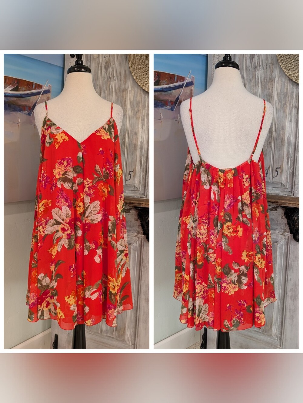 WAYF Orange Floral V-Neck Dress with Bold Blooms
